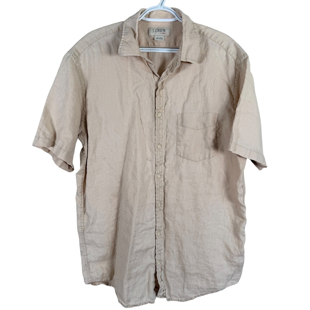 Vintage J.Crew 100% Linen Button Up Shirt Mens LT Tan Short Sleeve Pocket read